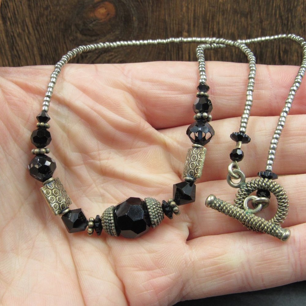 16" Silver Tone Rustic Hefty Black Material Necklace Vintage - Picture 2 of 6
